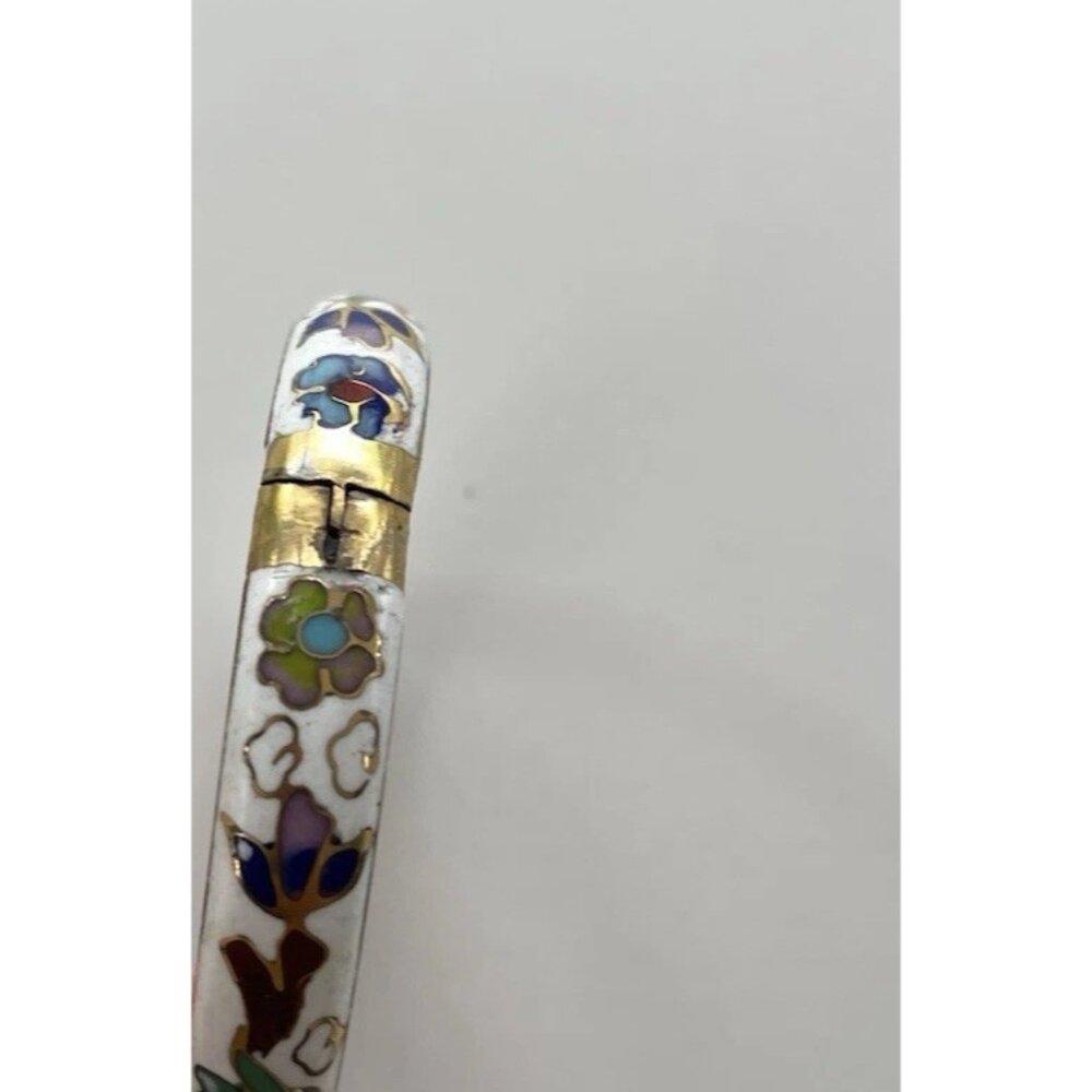 Vintage White Enamel Cloisonné Floral Blue Multi Color Hinged  Bangle Sz 7.5” - Picture 14 of 14